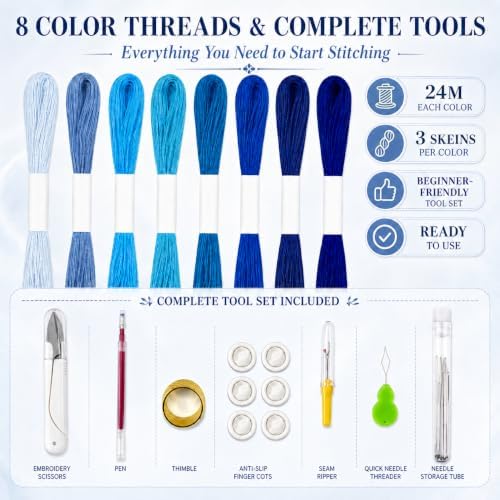 94 Pcs Sashiko Embroidery Kit for Beginners,Visible Mending,Hand Quilting,DIY Stitching and Sewing Projects,with Blue Sashiko Thread and Needles,Thimble,Stencils,Water-Soluble Pattern Sheets - Image 2