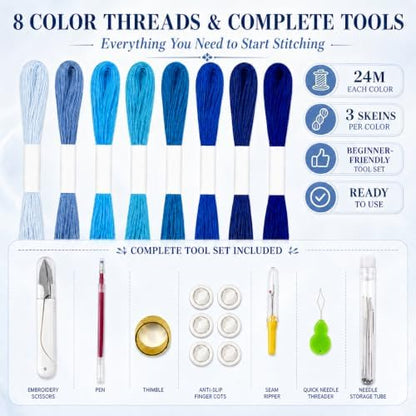 94 Pcs Sashiko Embroidery Kit for Beginners,Visible Mending,Hand Quilting,DIY Stitching and Sewing Projects,with Blue Sashiko Thread and Needles,Thimble,Stencils,Water-Soluble Pattern Sheets - Image 2