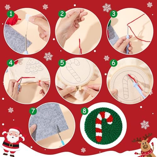 WATINC Christmas Punch Needle Coaster Kit - 23Pcs Easy Art Work Decor Craft Supply for Beginners, DIY Set of 6 Unique Pattern Tufted Pads with Adhesive Felt Yarn Tools Coaster Holder Instruction (Red) - Image 3