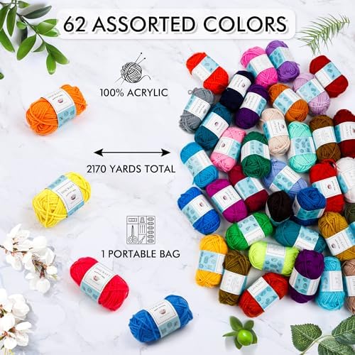 INSCRAFT 62 Acrylic Yarn Skeins, 2170 Yards Yarn for Knitting, 2 Crochet Hooks, 2 Weaving Needles,10 Stitch Markers, 1 Purple Bag, Perfect Crochet Beginner Kit for for Adults - Image 4