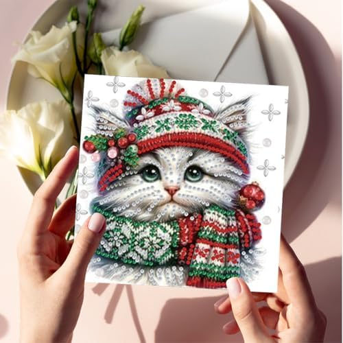 jinglinhh 6pcs Christmas Cat Snowflakes Diamond Art Painting Greeting Cards with Envelopes, DIY Card Making Kits for Adults, Diamond Art Postcards Christmas Cards Craft Gifts - Image 6