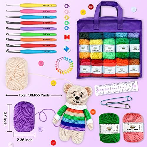 Inscraft Crochet Yarn Kit for Beginners Adults & Kids, Includes 1650 Yards 30 Colors Acrylic Skeins, Hooks, Purple Bag etc, Make Amigurumi & Crocheting Projects, Starter Set for Professionals - Image 3