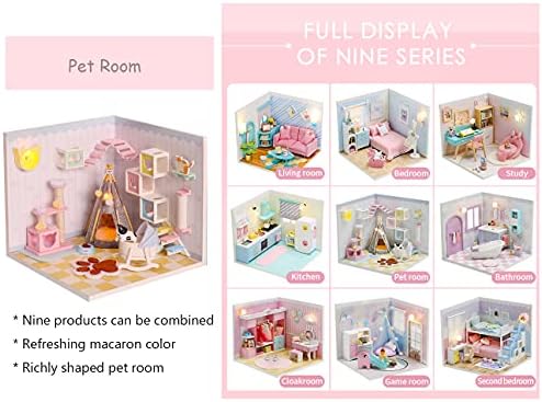 Kisoy Dollhouse Miniature with Furniture Kit, DIY 3D Wooden DIY House Kit A Corner of a Small Apartment Style with Dust Cover & LED,Handmade Tiny House Toys for Gift of Teens and Adults(Pet Room) - Image 6