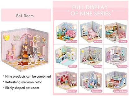 Kisoy Dollhouse Miniature with Furniture Kit, DIY 3D Wooden DIY House Kit A Corner of a Small Apartment Style with Dust Cover & LED,Handmade Tiny House Toys for Gift of Teens and Adults(Pet Room) - Image 6