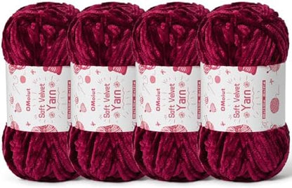 4x100g Fluffy Velvet Chenille Yarn for Crocheting and Knitting, 4x80m (87.5yd) Baby Yarn for Crocheting Soft, Crochet Chunky Yarns Amigurumi Yarns (4 Burgundy) by OMoiut
