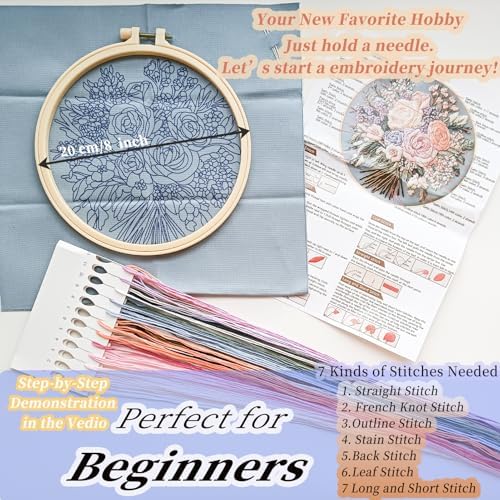 FONNUY Bouquet Flowers Embroidery Kit for Beginners, Pre-Stamped Pattern Kits for Adults with Hoop, Easy to Follow Color Thread Needlework, 8'' Hoop (Captivating Allure) - Image 5