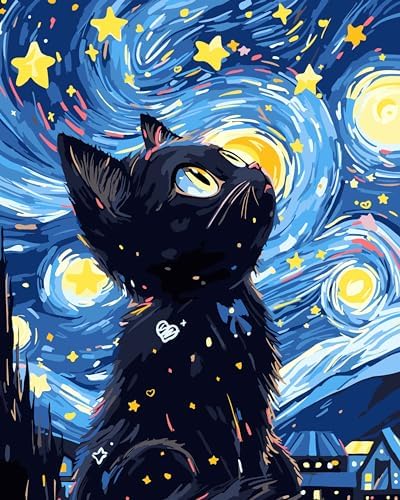 Yunnuo Paint by Numbers Kit for Adults Cat, Starry Night, 16x20 inch by Yunnuo-premiumdiyartpaintingkits