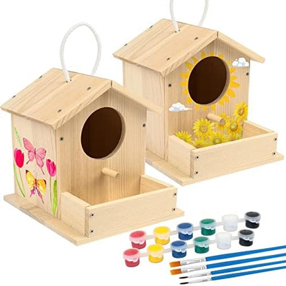 LotFancy Bird House Kit, 2 Pack, DIY Wooden Birdhouse Kits, Arts and Crafts Painting Kit for Kids, Build and Paint, Including Paints & Brushes by LotFancy