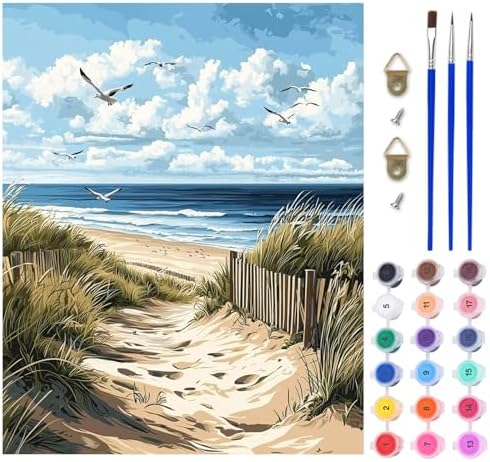 Lxmsja Sandy Beach Paint by Numbers Kit for Adults, Coastal Scene Acrylic Paint by Numbers for Adults Beginner, DIY Craft Supplies Oil Painting Kits for Home Wall Decor 16x20 inch (No Frame) by Lxmsja