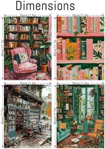Clendo 4 Packs Study Room Paint by Numbers Kit for Adults Beginner, Bookshelf Adult Paint by Number on Canvas, DIY Street Acrylic Oil Easy Painting by Numbers for Home Wall Decor 12X16 inch - Image 2