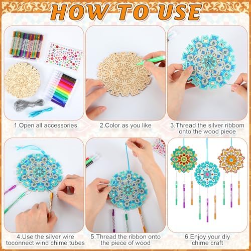 Amyhill 16 Pack Mandala DIY Wind Chime Kit, Wooden Coloring Craft, Gifts - Image 3