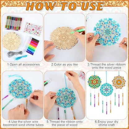 Amyhill 16 Pack Mandala DIY Wind Chime Kit, Wooden Coloring Craft, Gifts - Image 3