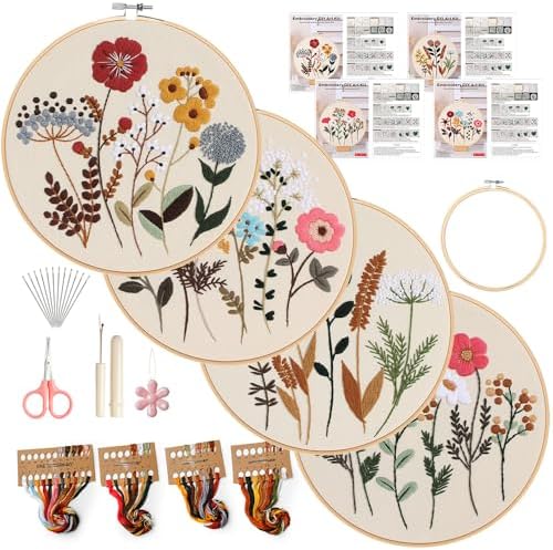 Embroidery Kit, 4 Pack Embroidery Kit for Beginners with Flower Pattern by wtisan