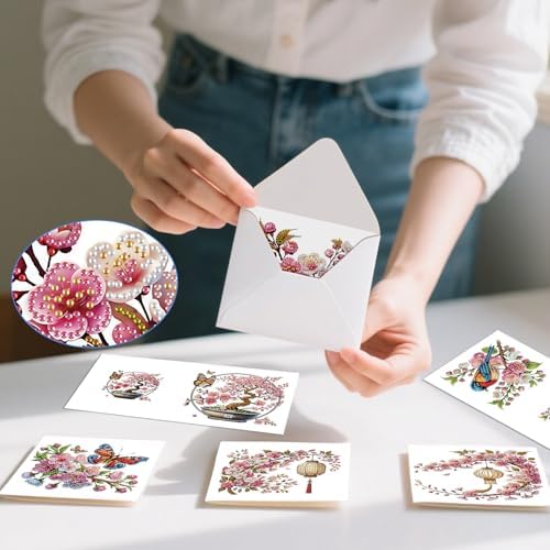 6pcs 5D DIY Diamond Painting Kit Greeting Card, Small Bird Peach Blossom Diamond Handmade Greeting Card with Envelope, Holiday Gift Congratulations - Image 5