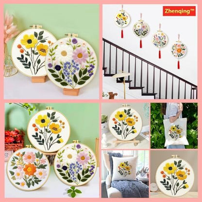 Zhenqing Floral Embroidery Kit for Beginners, 3 Patterns, 7.8in Hoop - Image 5