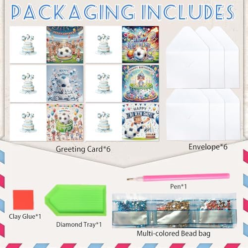 jinglinhh 6pcs Diamond Art Painting Happy Birthday Football Cake Greeting Cards with Envelopes, DIY Card Making Kits for Adults, Diamond Art Postcards Christmas Cards Craft Gifts - Image 3