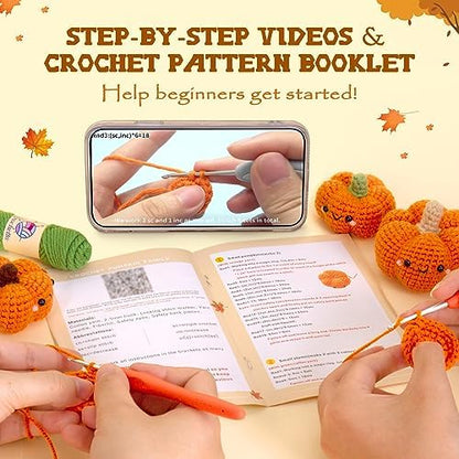 Crochetta Crochet Kit for Beginners, Crochet Starter Kit with Step-by-Step Video Tutorials, Crochet Animal Kits for Adults and Kids, DIY Craft Supplies, 3 Pack Halloween Pumpkins Family (40%+ Yarn) - Image 2