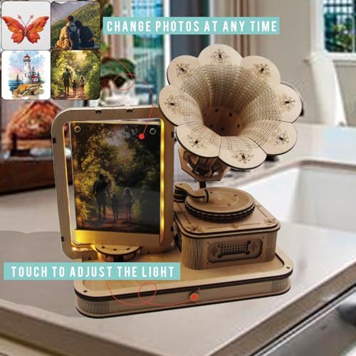 CUBERIE 3D Puzzles for Adults, Gramophone Wooden Model kit Music Box Gifts for Woman man, Assembly Three-D Wood Puzzle Decor with Acrylic Picture Frame, Toys for Ages 14 and up - Image 3