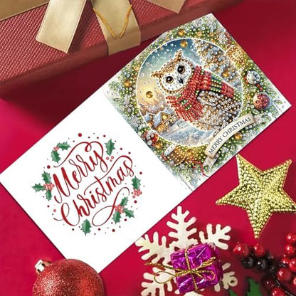 6Pcs Christmas Greeting Card DIY Diamond Art Painting Greeting Cards Blessing Folding Card Kit with White Envelopes Diamond Arts Crafts for Birthday Festival Gift-Owl - Image 3