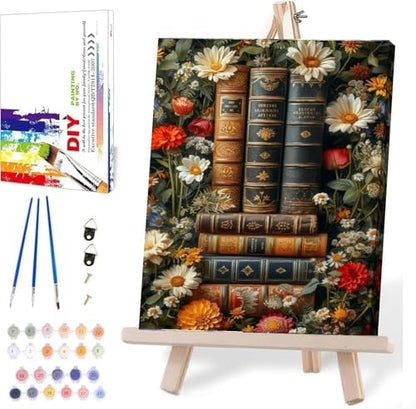 Clendo Book Paint by Numbers Kit for Adults Beginner, Flower Framed Adult's Paint by Number Kits with Easel, DIY Oil Painting Kits for Gift Home Wall Decor 12x16 Inch by Clendo