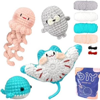 YAMAXIN Crochet Kit for Beginners – Ocean Animal Amigurumi DIY Yarn Kit with Step-by-Step Instructions, Tools & Soft Yarn – 4 Pack Crochet Kit Gift for Adults by YAMAXIN