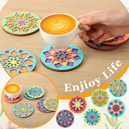 DoubleFill 12 Pcs Wooden Coasters Painting Kit DIY Craft Set, Mandala - Image 4