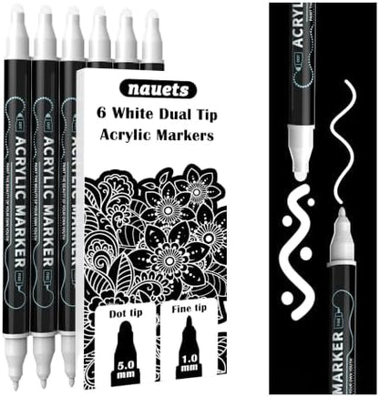 nauets 6 White Dual Tip Acrylic Paint Markers Pens - Dot & Fine by nauets
