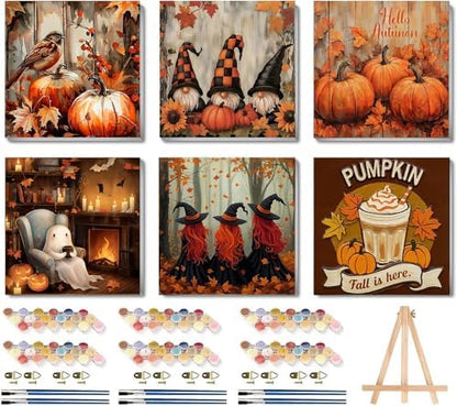LWZAYS 6 Pack Fall Paint by Numbers Kit for Adults with Frame, Easy Autumn Paint by Number for Adults Beginner with Wooden Easel, DIY Painting by Numbers Canvas Framed for Home Decor 8 x 8 Inch by LWZAYS