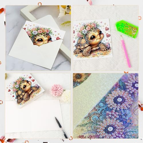 antor 6 pcs Diamond Art Painting Greeting Card Kits, Animal Cute Turtle Design Irregular Shapes Diamond Art Fine Glitter Greeting Cards with Envelopes, Clay Glue, Pen, and Bead Bag for Creative Gifts - Image 7