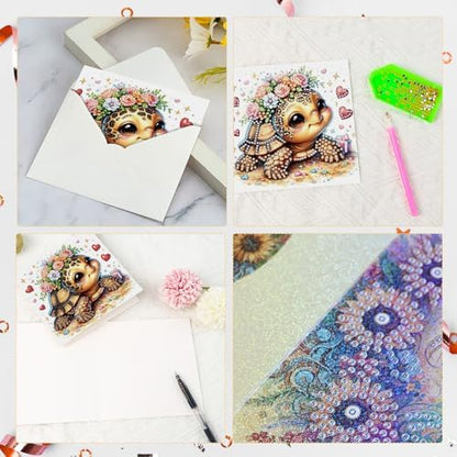 antor 6 pcs Diamond Art Painting Greeting Card Kits, Animal Cute Turtle Design Irregular Shapes Diamond Art Fine Glitter Greeting Cards with Envelopes, Clay Glue, Pen, and Bead Bag for Creative Gifts - Image 7