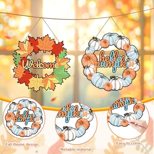 Sereliy 24 Pcs Fall Coloring Wreath Crafts, Color Your Own Thanksgiving Crafts, DIY Paper Fall Wreath for Classroom Activities Thanksgiving Games.(Thanksgiving) - Image 3