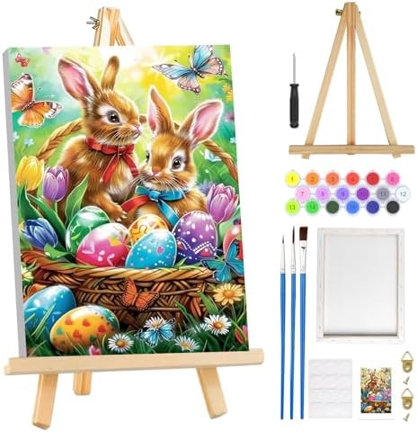 MOGTAA Easter Bunny Paint by Numbers Kit for Adults Beginners with Frame, Easter Eggs Adult Paint by Number Kits on Canvas with Easel, Easy DIY Butterfly Oil Painting Kits for Home Decor, 8x12in by MOGTAADIYHomeDecor