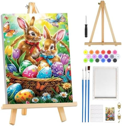 MOGTAA Easter Bunny Paint by Numbers Kit for Adults Beginners with Frame, Easter Eggs Adult Paint by Number Kits on Canvas with Easel, Easy DIY Butterfly Oil Painting Kits for Home Decor, 8x12in by MOGTAADIYHomeDecor