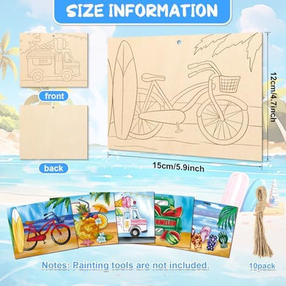 COCHIE 10 Pieces Large Summer Unfinished Wood Crafts to Paint for Adults, Bulk Predrilled Wooden Ornaments for Painting, Beach Pattern Paintable Wood Slices Craft Supplies with Ropes - Image 2