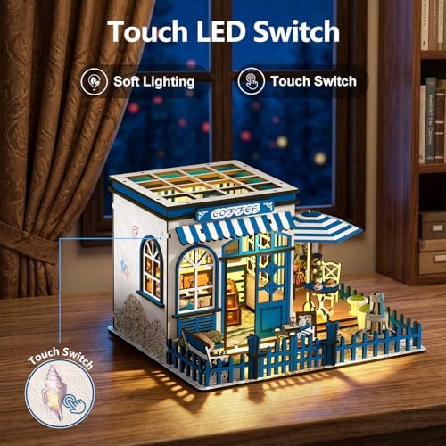 DIY Miniature House Kit, 3D Wooden Coffee Shop with Touch LED Lights, Mini Cafe Dollhouse Building Set, DIY Dollhouse Model Kit for Adults Teens, Creative Home Decor Craft Gift for Birthday - Image 6