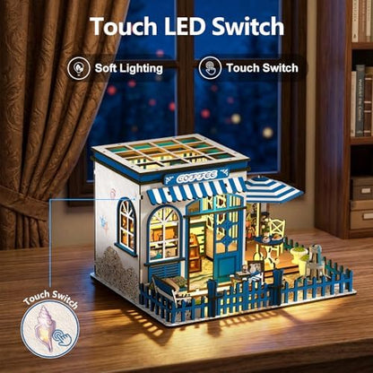 DIY Miniature House Kit, 3D Wooden Coffee Shop with Touch LED Lights, Mini Cafe Dollhouse Building Set, DIY Dollhouse Model Kit for Adults Teens, Creative Home Decor Craft Gift for Birthday - Image 6
