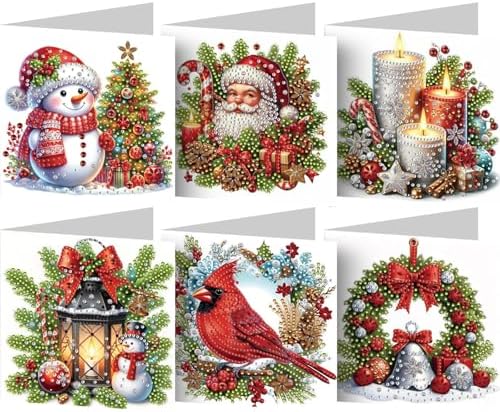 jinglinhh 6pcs Diamond Art Painting Christmas Snowman Cardinal Candle Greeting Cards with Envelopes, DIY Card Making Kits for Adults, Diamond Art Postcards Christmas Cards Craft Gifts by Unknown