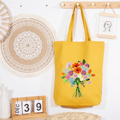 Canvas Tote Bag Embroidery Kit with Pattern for Beginners, Arts and DIY Embroidery Crafts Kits for Adults, Instructions, thimble, Embroidery Hoops, Color Threads (yellow, CR002 zhaolufanhua) - Image 7