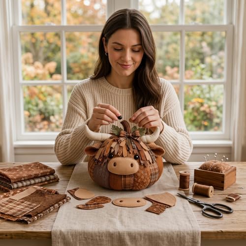 DIY Animal Pumpkin Sewing Kit -Halloween DIY Pumpkin Patchwork Craft Kit,Harvest Fabric Animal Craft Set for Adults Beginners,Autumn Thanksgiving Home Ornament Craft Kit，Cow - Image 4