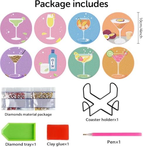 8Pcs Diamond Painting Coasters with Holder,DIY Cocktail Life Coaster Diamond Art Kits for Adults,Beginners Round Full Drill Diamond Art Craft Supplies - Image 2