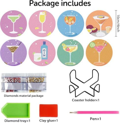 8Pcs Diamond Painting Coasters with Holder,DIY Cocktail Life Coaster Diamond Art Kits for Adults,Beginners Round Full Drill Diamond Art Craft Supplies - Image 2