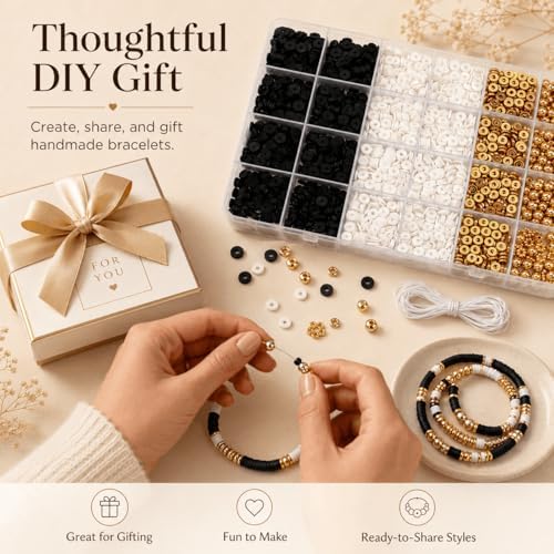 Believo Polymer Clay Beads Kit for DIY Jewelry with Elastic Cord, Colorful Flat Heishi Beads and Spacer Pieces – Ideal for Friendship Bracelet & Necklace Making (Black & White) - Image 5