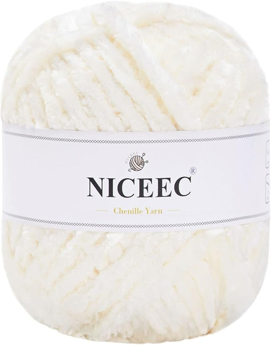 NICEEC 300g Soft Chenille Yarn Blanket Velvet Yarn for Knitting, Crochet, Weaving DIY Craft Total Length 150m (164yds)_Cream White