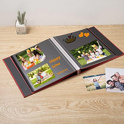 Photo Album Self Adhesive Scrapbook 3x5 4x6 5x7 6x8 Magnetic Album DIY Scrap Book 11x10.6 Inch 40 Black Sticky Pages Linen Cover DIY Photo Album(Red) - Image 2