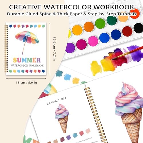 Easy Summer Holiday Watercolor Workbook, Water Coloring Book, 12 Patterns, 18 Colors Watercolors Paint Set, Watercolor Kit for Beginners, Relaxing DIY Art Gift for Adults Women Teen - Image 2
