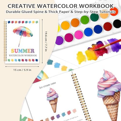 Easy Summer Holiday Watercolor Workbook, Water Coloring Book, 12 Patterns, 18 Colors Watercolors Paint Set, Watercolor Kit for Beginners, Relaxing DIY Art Gift for Adults Women Teen - Image 2