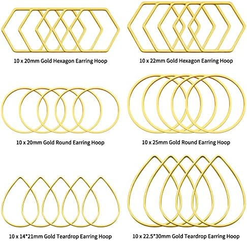 60pcs Hoop Earrings for Jewelry Making,Beading Hoops Earrings Hypoallergenic Teardrop Hexagon Round Earring Hoop Open Bezel Pendant Frame for DIY Crafts(Gold,3 Shapes) - Image 2