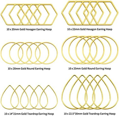 60pcs Hoop Earrings for Jewelry Making,Beading Hoops Earrings Hypoallergenic Teardrop Hexagon Round Earring Hoop Open Bezel Pendant Frame for DIY Crafts(Gold,3 Shapes) - Image 2