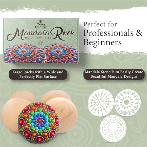 Moon Garden Mandala Rock Painting Kit - Mandala Dotting Tools Kit - Large Wooden Rocks for Painting, Stencils, Acrylic Paints, Dotting Tools for Rocks - Dot Art Kit for Adults & Kids (Pack of 2) - Image 3