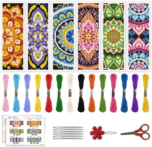 ACRNIGHEET 6PCS Cross Stitch Bookmark Kit for Beginner Mandala Stamped Cross Stitch Kits for Adults DIY Embroidery Bookmark Kits Crossstitch Kits Adult with Instructions Hand Craft Gift 11CT by ACRNIGHEET